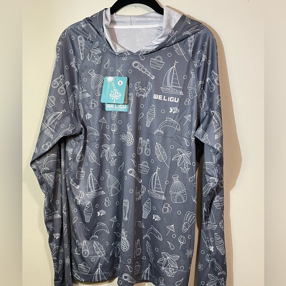 Weligu Swim Shirt men’s small‎ Sun Hooded long sleeve shirt breathable 98% NWT